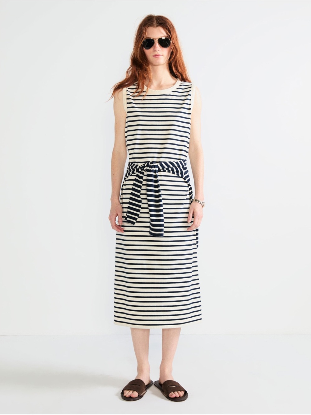 KULE Navy Blue & Cream Striped The Tank Sleeveless Midi Dress - Large